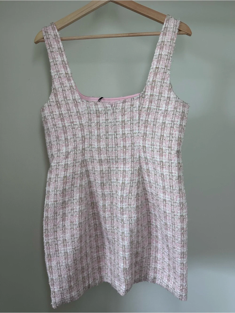 NWT Rumored Twiggy Tweed Square Neck Mini Dress in Pink Shimmer